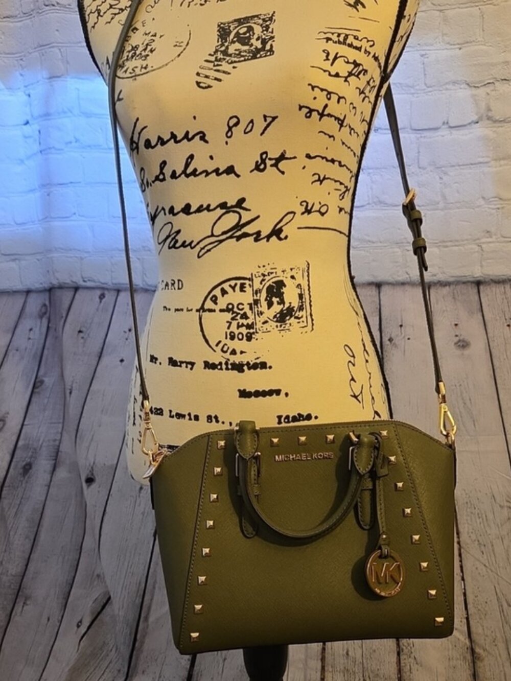 Michael Kors Olive Green Studded Crossbody Satchel